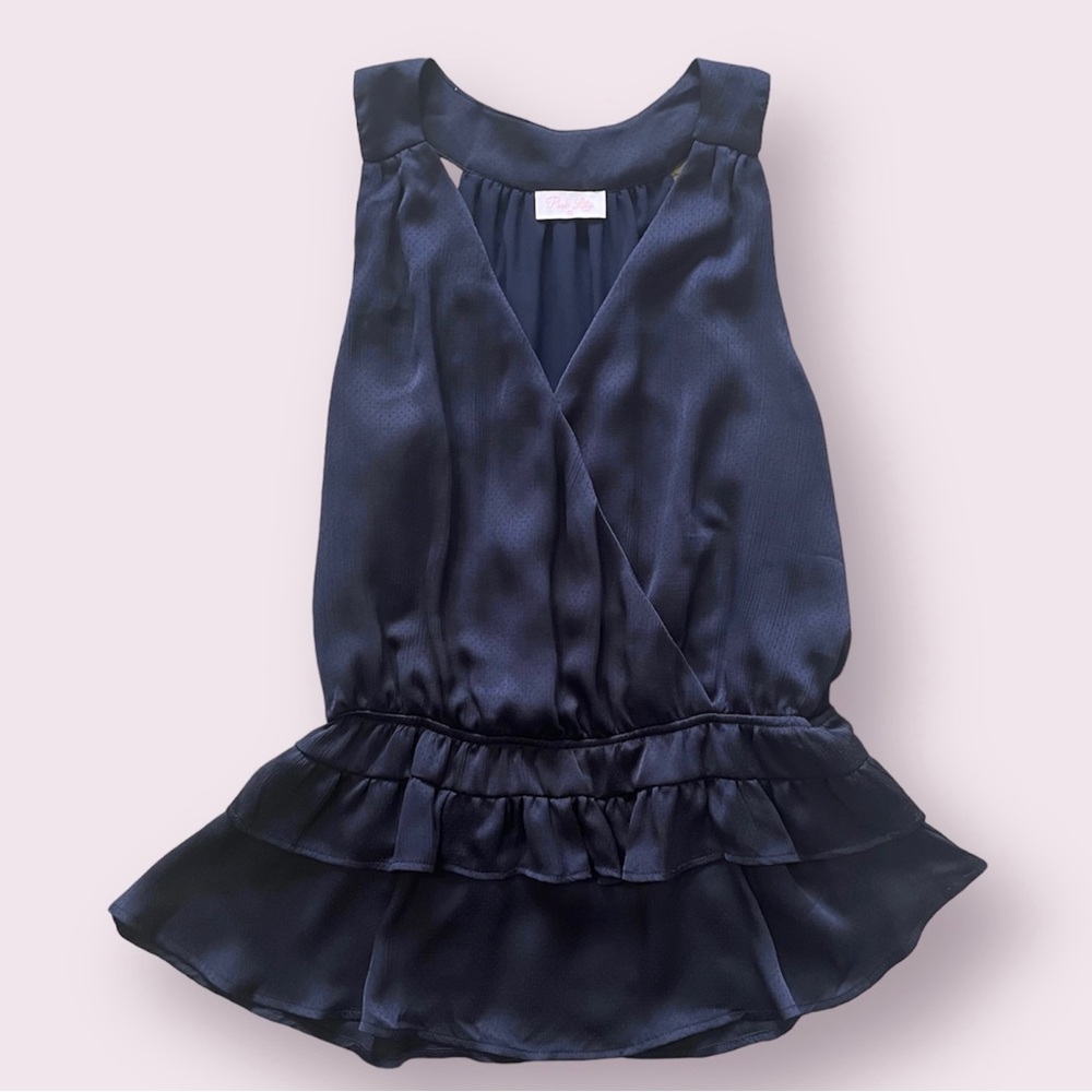 Pink Lily Peplum Halter Surplice Navy Blouse- M